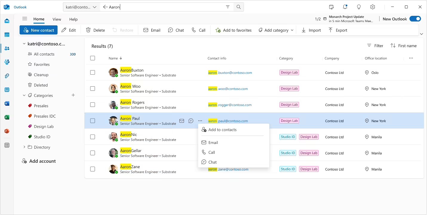 Win11 新版 Outlook 联系人功能重构，支持秒级智能搜索