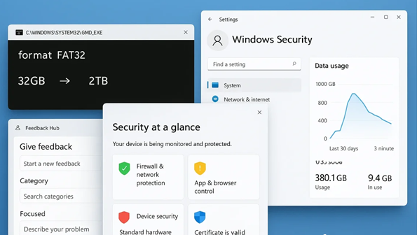 FAT32 容量上限从 32GB 提升至 2TB，无需第三方工具
