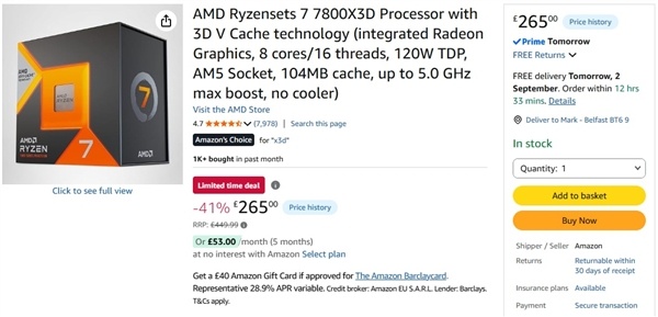 AMD 游戏神 U 7800X3D 降价，比降频版 7700X3D 更便宜